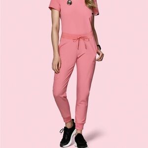 Women's Pink V-Neck Scrub Top and Joggers